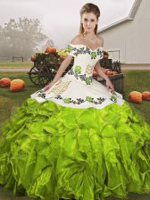  Floor Length Olive Green Vestidos de Quinceanera Organza Sleeveless Embroidery and Ruffles