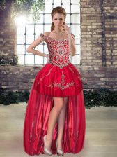 Decent High Low Red Prom Dress Tulle Sleeveless Beading and Appliques