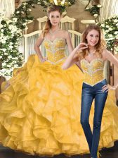  Organza Sweetheart Sleeveless Lace Up Beading and Ruffles Quinceanera Gown in Gold