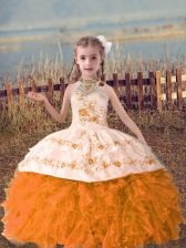  Sleeveless Floor Length Beading and Embroidery and Ruffles Lace Up Little Girls Pageant Dress with Orange Red