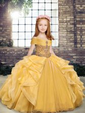 Beautiful Gold Ball Gowns Beading and Ruffles Little Girls Pageant Dress Wholesale Lace Up Organza Sleeveless Floor Length