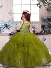  Beading and Ruffles Little Girls Pageant Dress Wholesale Olive Green Lace Up Sleeveless Floor Length