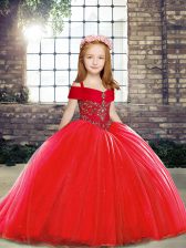  Red Tulle Lace Up Pageant Gowns For Girls Sleeveless Brush Train Beading