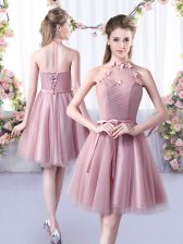  Pink Sleeveless Knee Length Appliques and Belt Lace Up Quinceanera Court Dresses