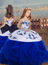  Royal Blue Lace Up Straps Sleeveless Floor Length Kids Formal Wear Embroidery and Ruffles