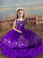 Great Purple Sleeveless Floor Length Embroidery and Ruffled Layers Lace Up Pageant Gowns For Girls