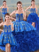 Custom Designed Royal Blue Ball Gowns Sweetheart Sleeveless Fabric With Rolling Flowers Floor Length Lace Up Embroidery and Ruffles 15th Birthday Dress