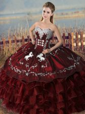 Ideal Satin and Organza Sweetheart Sleeveless Lace Up Embroidery and Ruffles Quinceanera Dresses in Burgundy