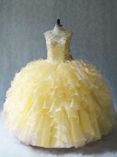  Yellow Organza Lace Up Sweet 16 Dress Sleeveless Floor Length Beading and Ruffles