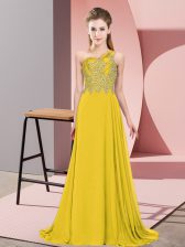 Hot Selling Empire Prom Party Dress Gold One Shoulder Chiffon Sleeveless Floor Length Side Zipper