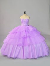  Lavender Ball Gowns Sweetheart Sleeveless Organza Lace Up Beading and Ruffled Layers Quinceanera Gowns