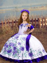  White Ball Gowns Satin Off The Shoulder Sleeveless Embroidery Floor Length Lace Up Little Girls Pageant Gowns