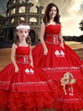 Fancy Red Sleeveless Satin Lace Up Sweet 16 Quinceanera Dress for Sweet 16 and Quinceanera