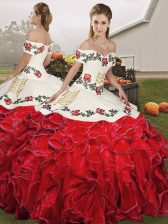 Fantastic Ball Gowns Ball Gown Prom Dress White And Red Off The Shoulder Organza Sleeveless Floor Length Lace Up