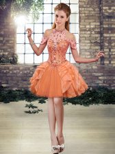 Orange Tulle Lace Up Prom Party Dress Sleeveless High Low Beading and Ruffles