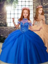  Ball Gowns Pageant Gowns For Girls Blue and Peach High-neck Tulle Sleeveless Floor Length Lace Up