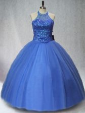 Blue Ball Gowns Halter Top Sleeveless Tulle Floor Length Lace Up Beading Sweet 16 Quinceanera Dress