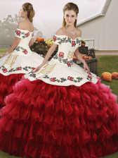 Sleeveless Floor Length Embroidery and Ruffled Layers Lace Up Quinceanera Dresses with Wine Red