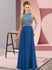  Blue Chiffon Side Zipper Prom Dresses Sleeveless Floor Length Beading