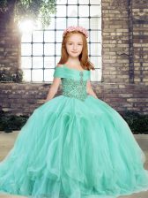  Apple Green Tulle Lace Up Straps Sleeveless Floor Length Little Girl Pageant Dress Beading