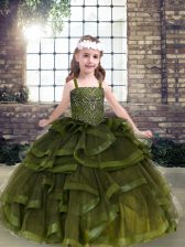 Lovely Olive Green Tulle Lace Up Straps Sleeveless Floor Length Child Pageant Dress Beading and Ruffles