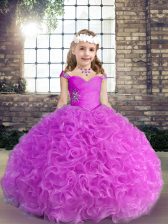  Lilac Sleeveless Fabric With Rolling Flowers Lace Up Little Girls Pageant Dress for Party and Wedding Party