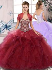  Burgundy Lace Up Off The Shoulder Beading and Ruffles Quinceanera Dresses Tulle Sleeveless