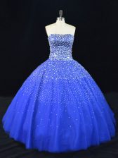  Tulle Strapless Sleeveless Lace Up Beading 15th Birthday Dress in Royal Blue