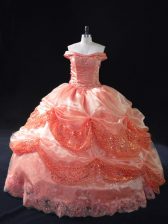  Ball Gowns 15th Birthday Dress Watermelon Red Off The Shoulder Organza Sleeveless Floor Length Lace Up