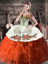Free and Easy Rust Red Lace Up Off The Shoulder Embroidery and Ruffles Ball Gown Prom Dress Satin and Organza Sleeveless