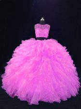  Pink Two Pieces Scoop Sleeveless Organza Floor Length Zipper Beading and Ruffles Sweet 16 Dress