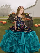 Dazzling Teal Ball Gowns Straps Sleeveless Organza Floor Length Lace Up Embroidery and Ruffles Pageant Dress for Womens
