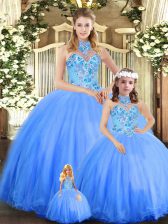 Elegant Sleeveless Floor Length Embroidery Lace Up Quinceanera Gown with Blue