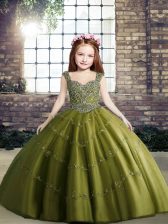  Olive Green Ball Gowns Beading Pageant Gowns Lace Up Tulle Sleeveless Floor Length