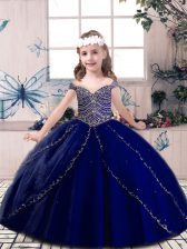  Blue Sleeveless Beading Floor Length Pageant Dress for Girls