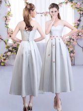 Low Price Silver Lace Up Court Dresses for Sweet 16 Appliques Sleeveless Tea Length