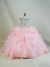 Enchanting Pink Organza Lace Up Sweet 16 Quinceanera Dress Sleeveless Brush Train Beading and Ruffles