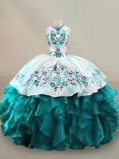 Popular Sleeveless Floor Length Embroidery and Ruffles Lace Up Quinceanera Dress with Teal 