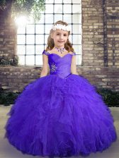 Adorable Purple Ball Gowns Tulle Straps Sleeveless Beading and Ruffles Floor Length Lace Up Little Girls Pageant Dress Wholesale