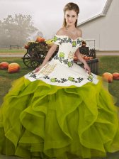  Off The Shoulder Sleeveless Lace Up Quinceanera Dress Olive Green Tulle