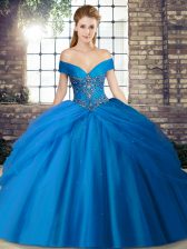 Trendy Lace Up Quince Ball Gowns Blue for Military Ball and Sweet 16 and Quinceanera with Beading and Pick Ups Brush Train
