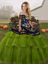Pretty Olive Green Quinceanera Gowns Off The Shoulder Sleeveless Brush Train Lace Up