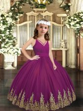 Trendy Sleeveless Floor Length Embroidery Zipper Kids Pageant Dress with Purple