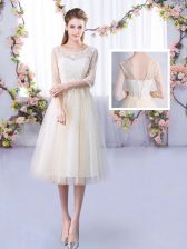 Trendy Empire Dama Dress for Quinceanera Champagne Scoop Tulle Half Sleeves Tea Length Lace Up