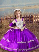  Purple Straps Lace Up Beading and Embroidery Kids Pageant Dress Sleeveless