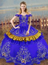 Lovely Ball Gowns 15th Birthday Dress Blue Off The Shoulder Satin Sleeveless Floor Length Lace Up