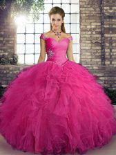 Suitable Hot Pink Ball Gowns Off The Shoulder Sleeveless Tulle Floor Length Lace Up Beading and Ruffles Quince Ball Gowns