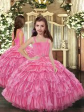  Floor Length Lace Up Glitz Pageant Dress Rose Pink for Party and Wedding Party with Ruffled Layers