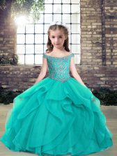  Teal Tulle Lace Up Off The Shoulder Sleeveless Floor Length Little Girl Pageant Dress Beading
