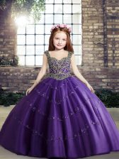  Straps Sleeveless Little Girls Pageant Dress Floor Length Beading Purple Tulle